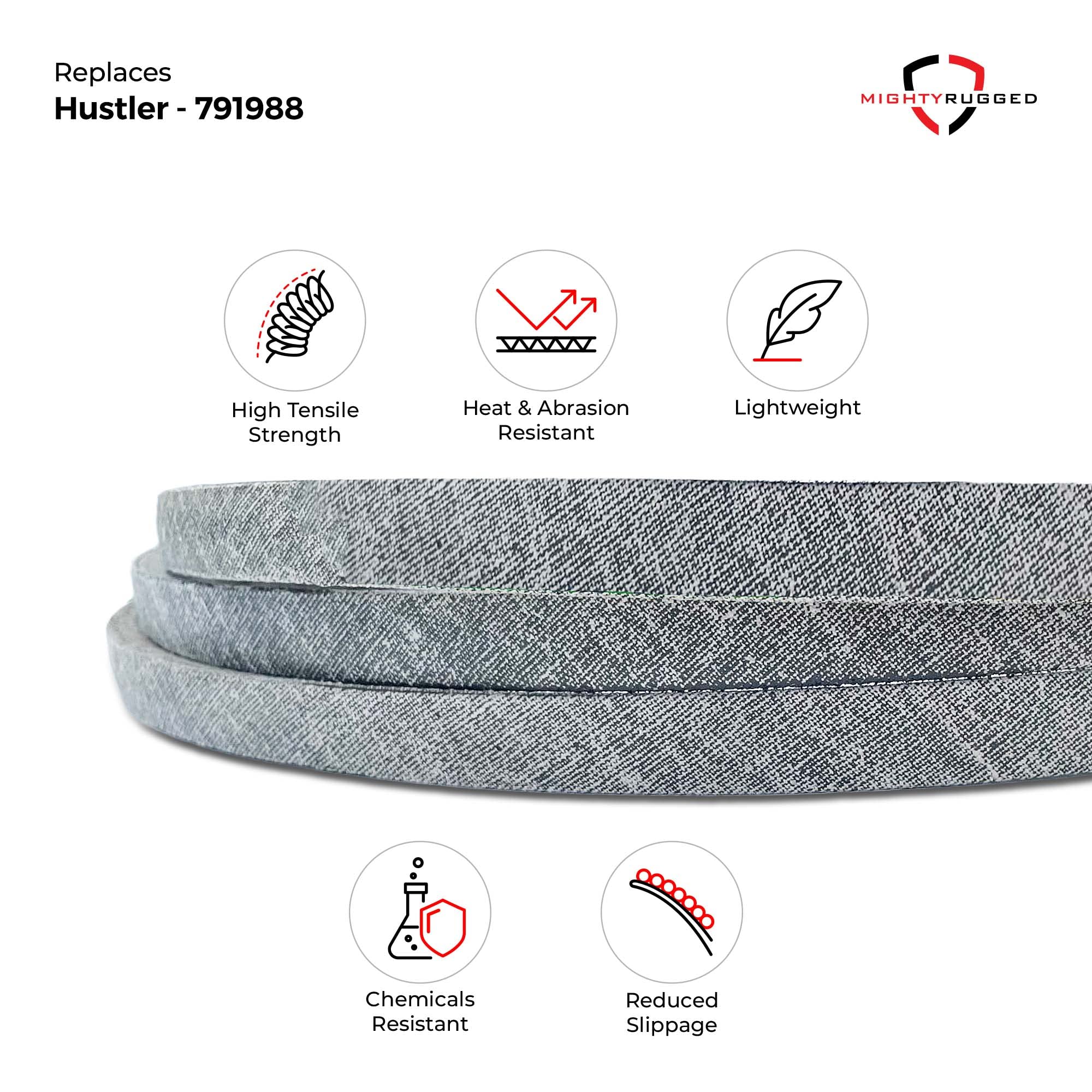 MightyRugged belt measured to 140-3/4 inches showing correct OEM length benefit