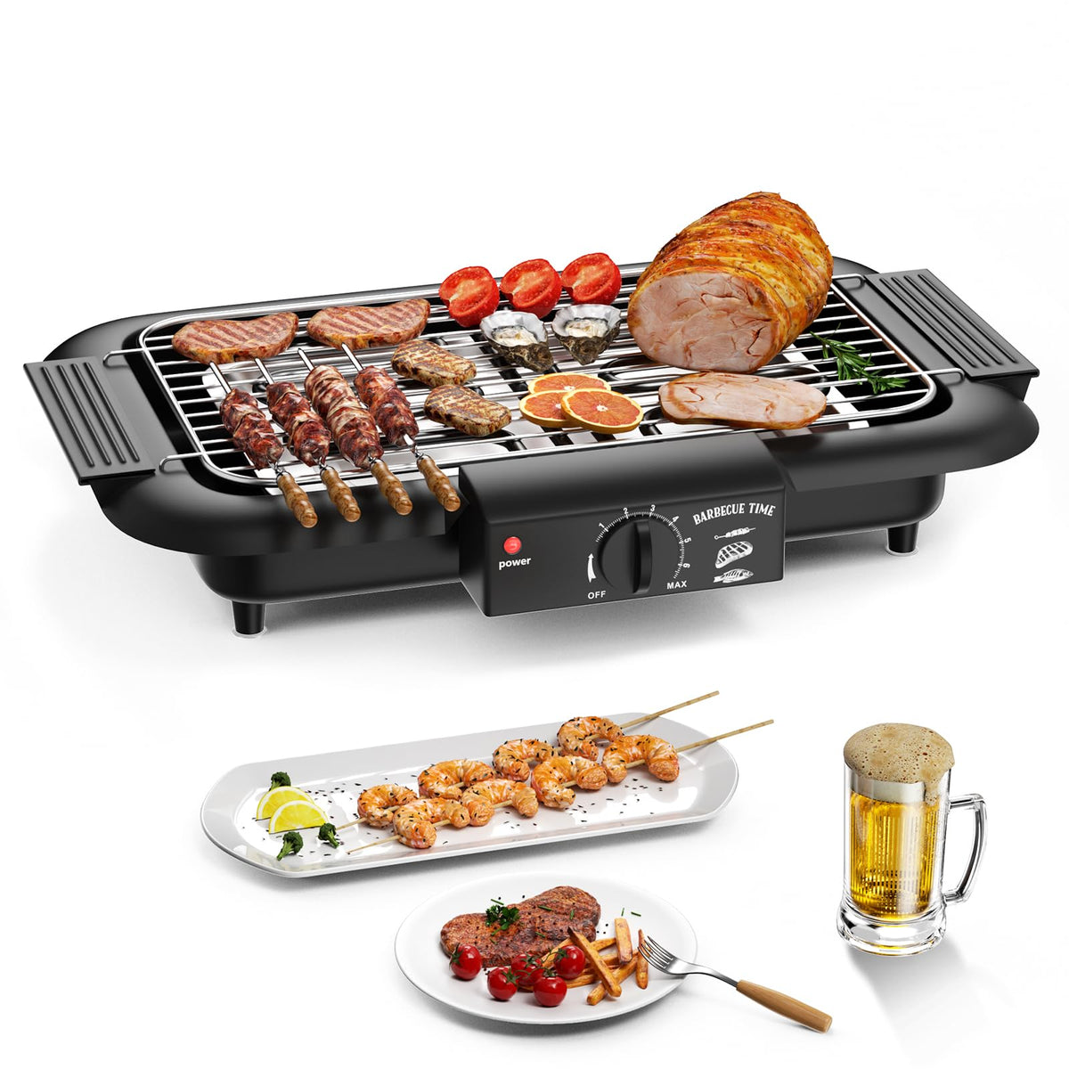 Mihoho electric grill front view showing compact design and controls for fast setup