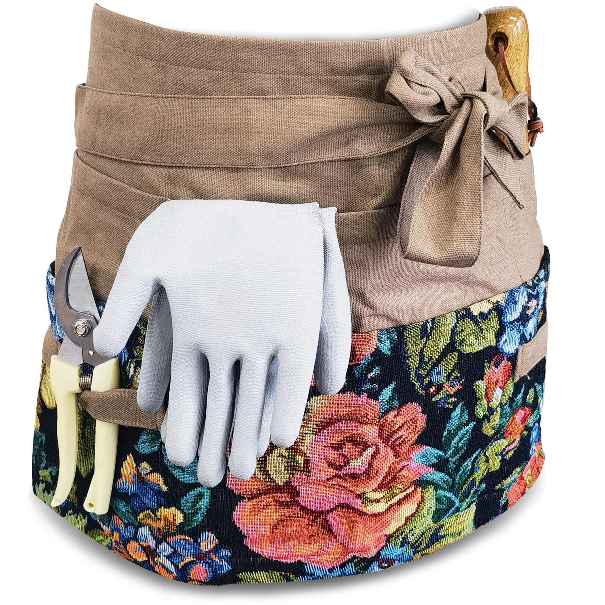 MILCIL apron worn by gardener kneeling by plants to protect clothing and hold tools