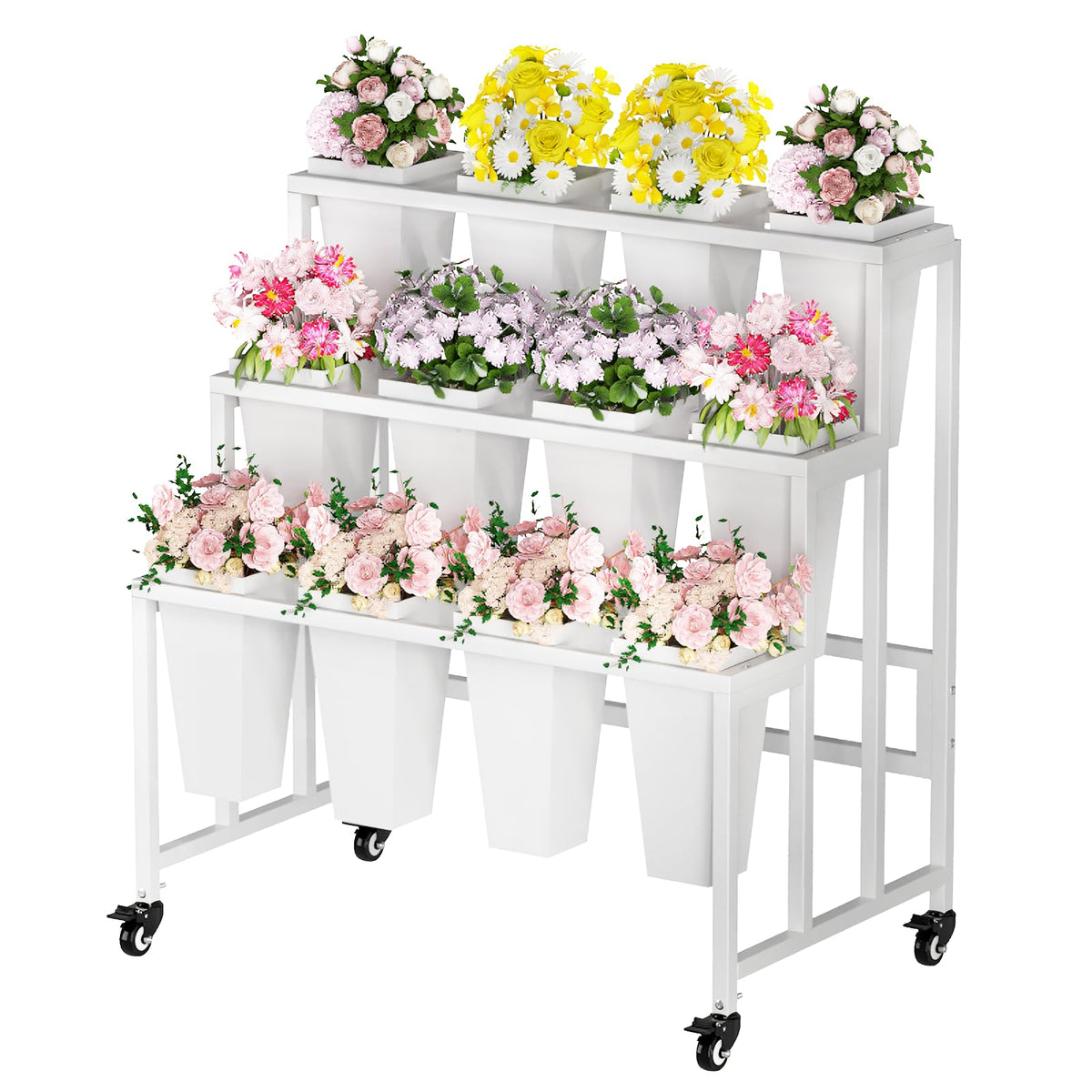 MILEFA front view showing white metal stand and 12-bucket display for organized presentation