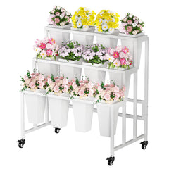 MILEFA front view showing white metal stand and 12-bucket display for organized presentation