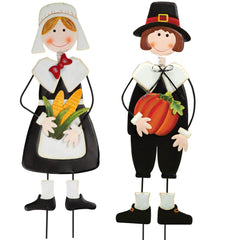 Miles Kimball pilgrim boy and girl front view showing festive yard welcome