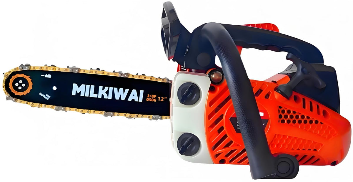Milkiwai front view of chainsaw showing compact body and guide bar benefit portability