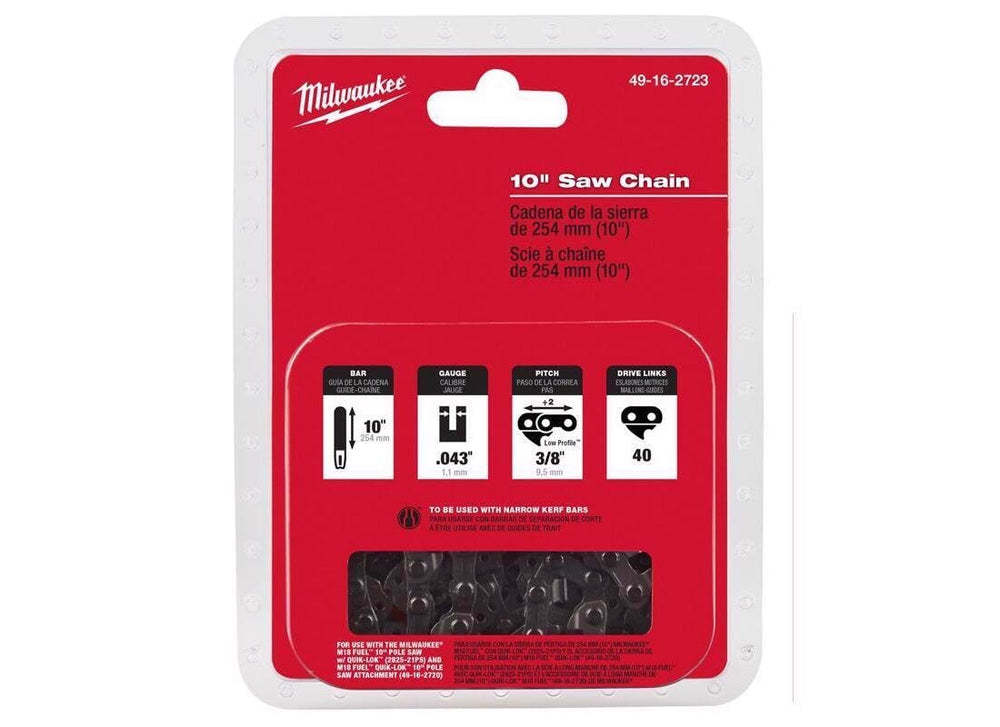 Milwaukee 10" saw chain front packaging showing model and fit benefit