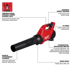 Milwaukee M18 FUELTRADE Blower nozzle close-up showing airflow design for concentrated debris removal