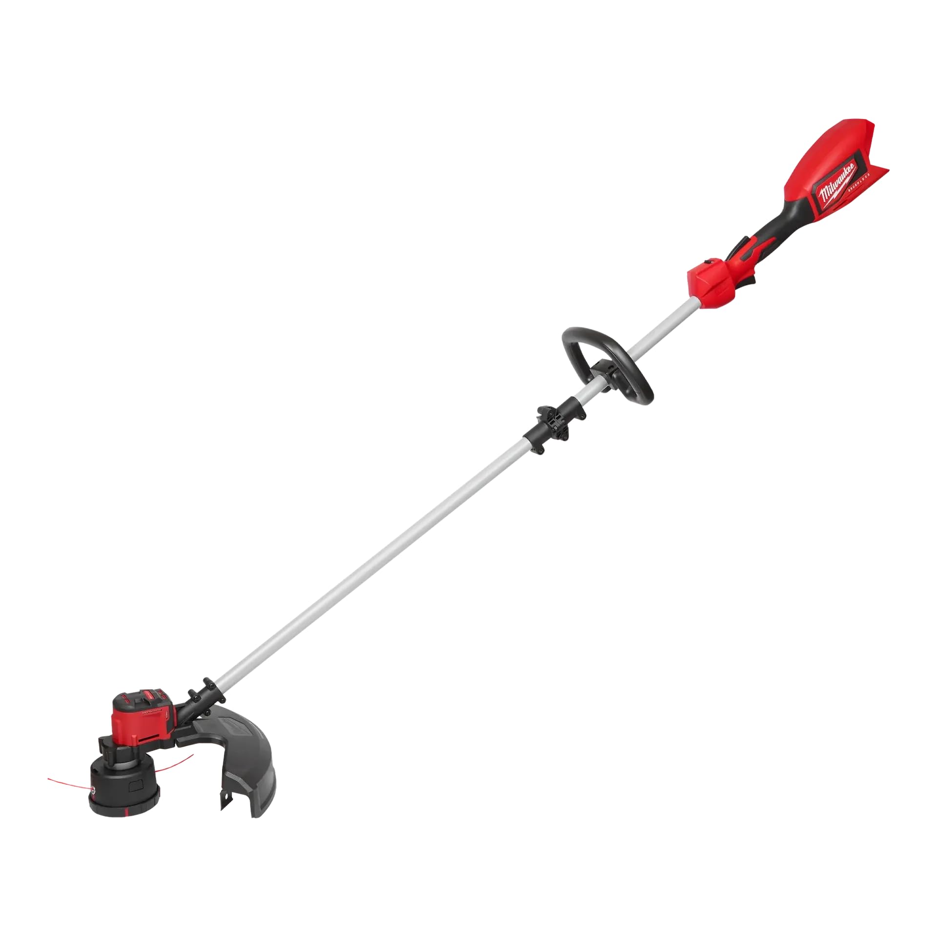 Milwaukee M18 trimmer front view showing compact balanced design and durability