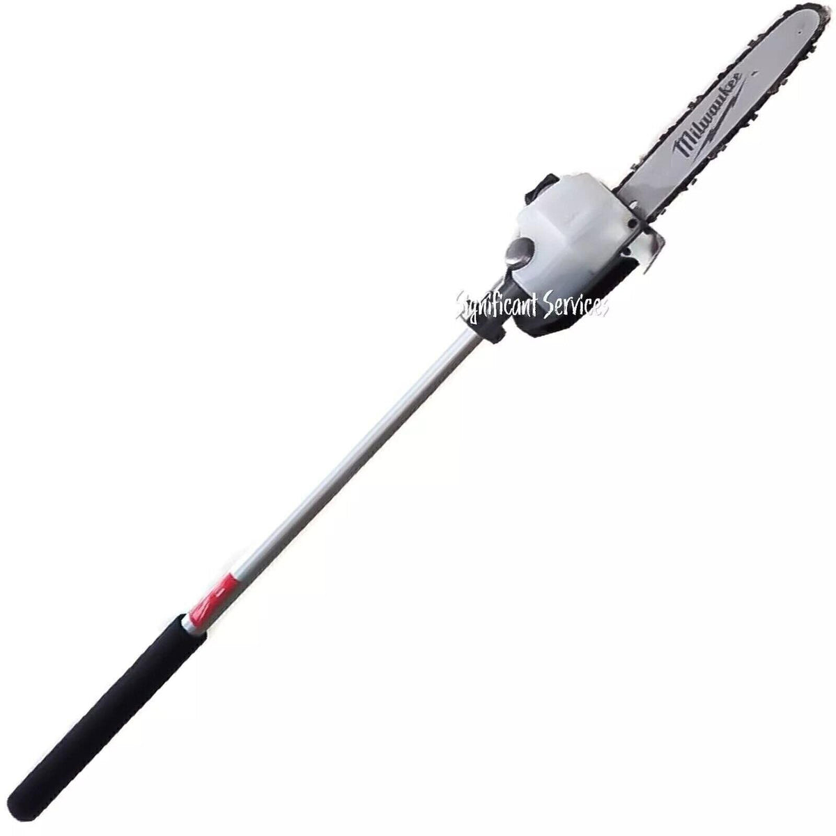 Milwaukee pole saw front view showing compact attachment and quick benefits