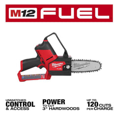 Milwaukee pruning saw battery slot detail for quick M12 battery swaps