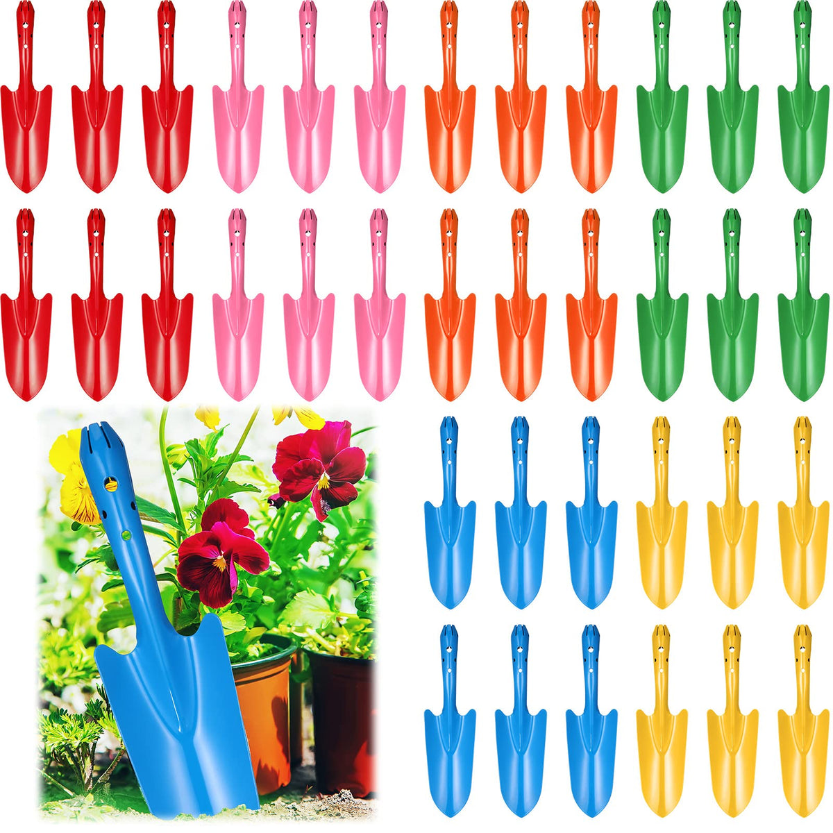 Minatee front view of 36-piece colorful trowel set showing variety and organization
