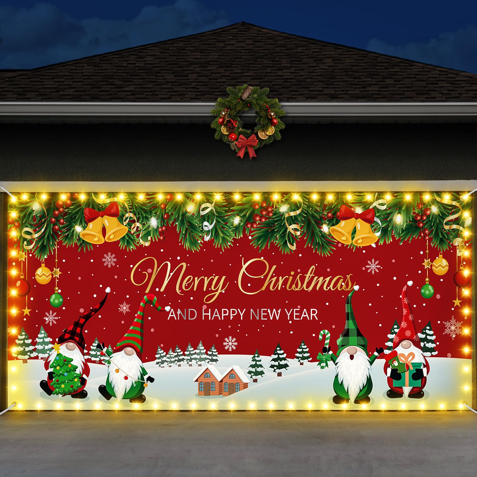 Mindsoft front view of full 7x16 ft holiday garage cover showing festive graphics and coverage