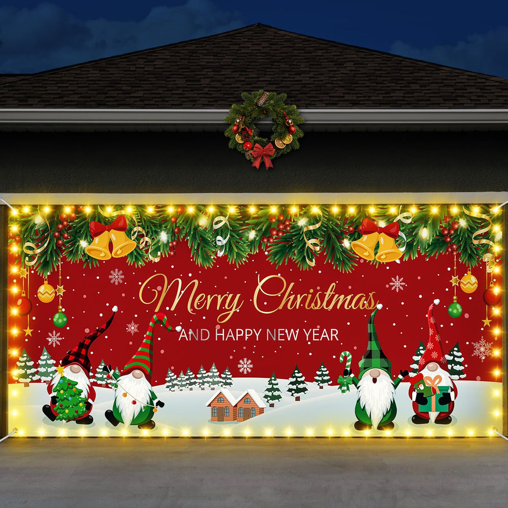 Mindsoft front view of full 7x16 ft holiday garage cover showing festive graphics and coverage