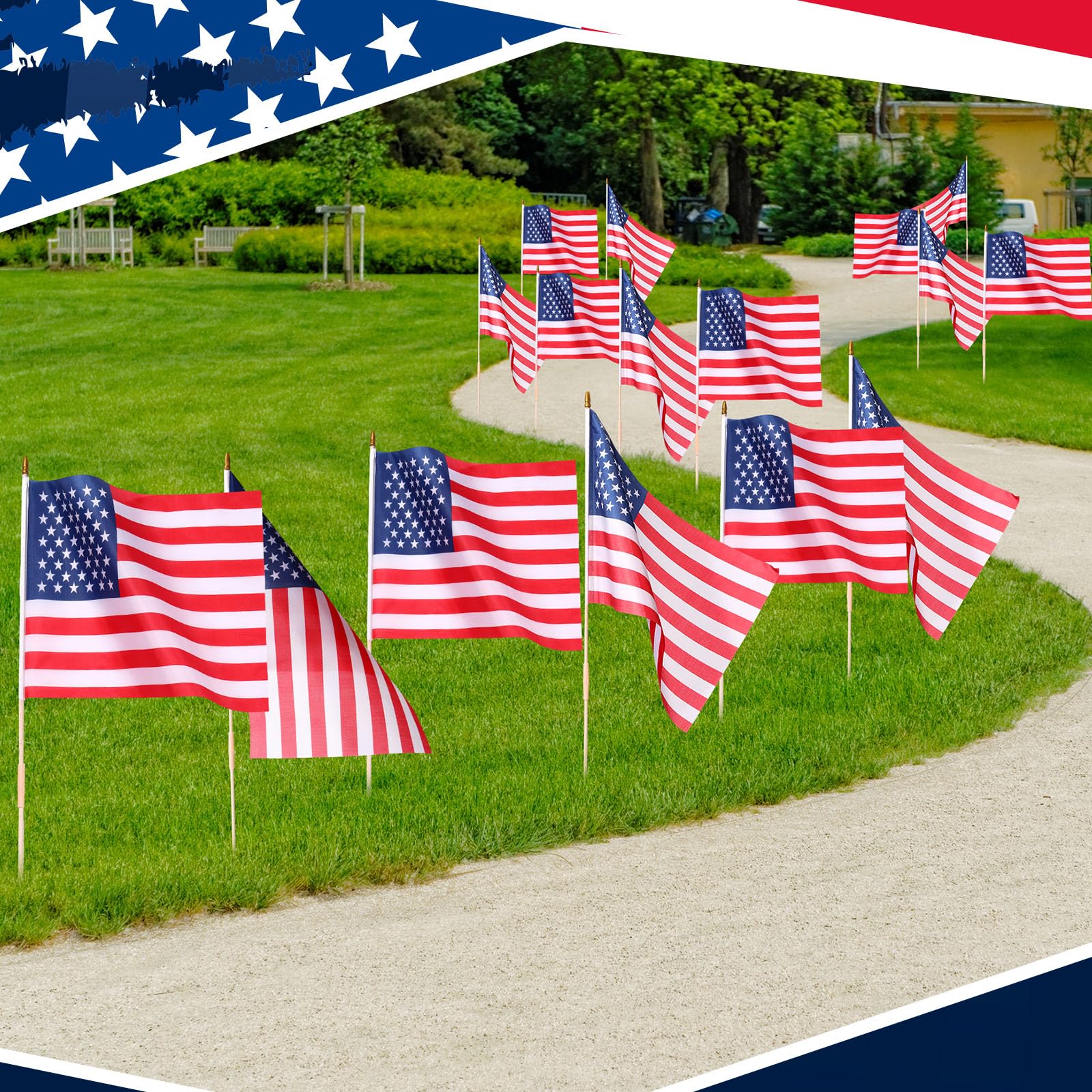 Mindsoft multiple flags planted in yard showing decorative outdoor impact