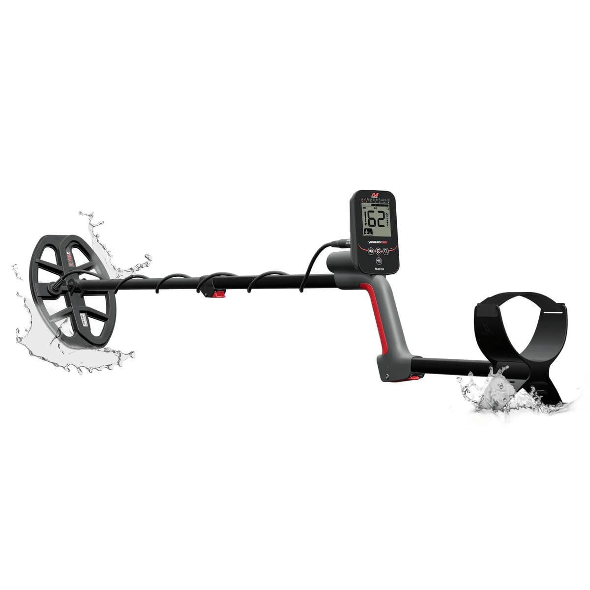 MINELAB V10X coil close-up highlighting waterproof Double-D coil benefit
