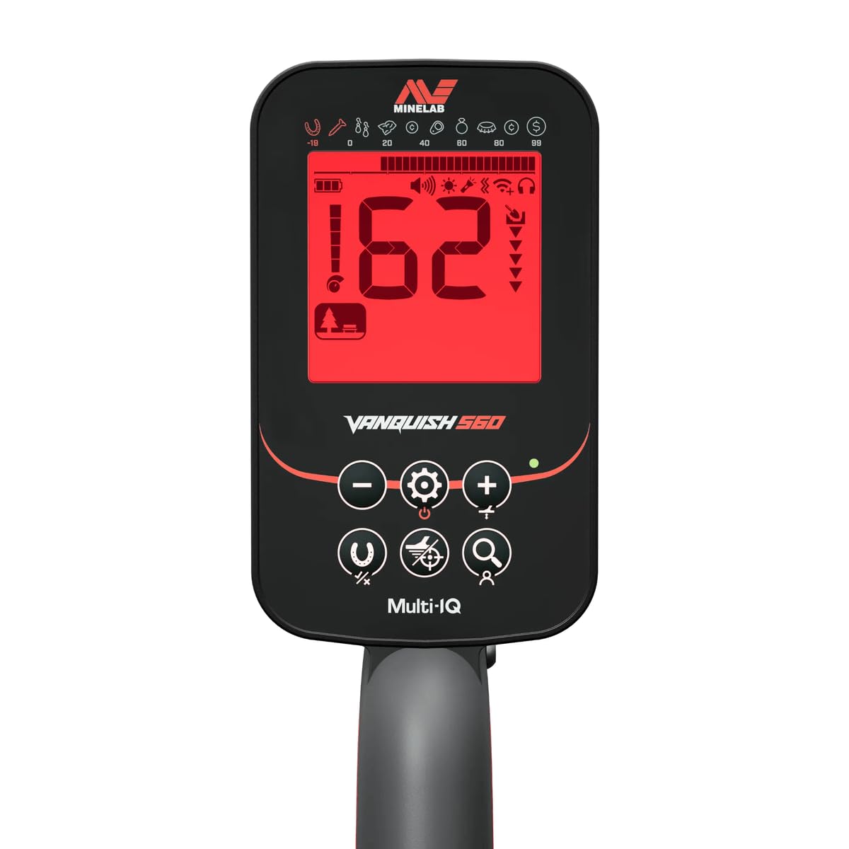 MINELAB battery compartment and red LED display showing long runtime and low-light readability
