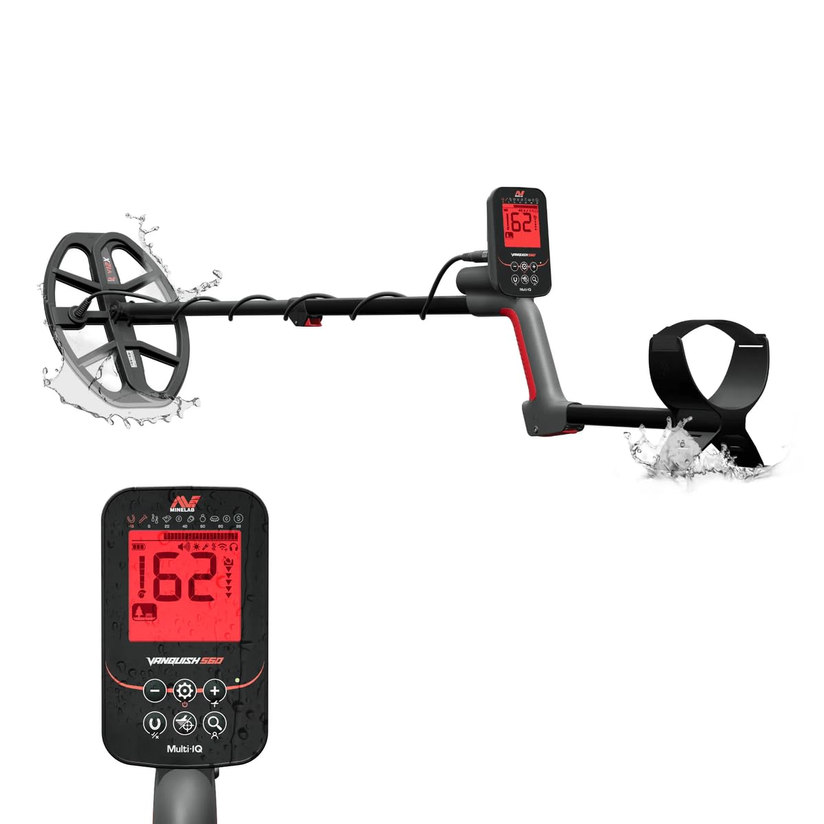 MINELAB detector next to a hand for size comparison showing lightweight 2.8 lb handling benefit