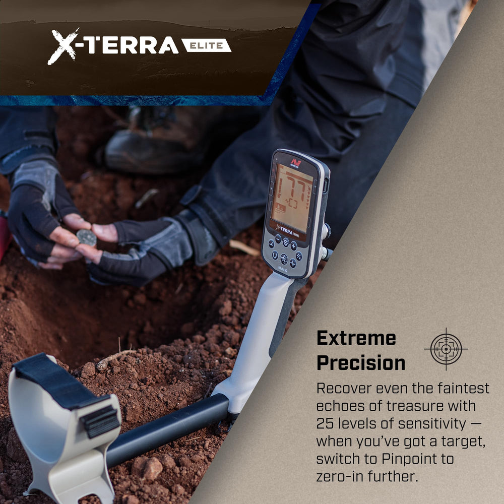 Detectorist using MINELAB X-Terra Elite in a field highlighting ease of use