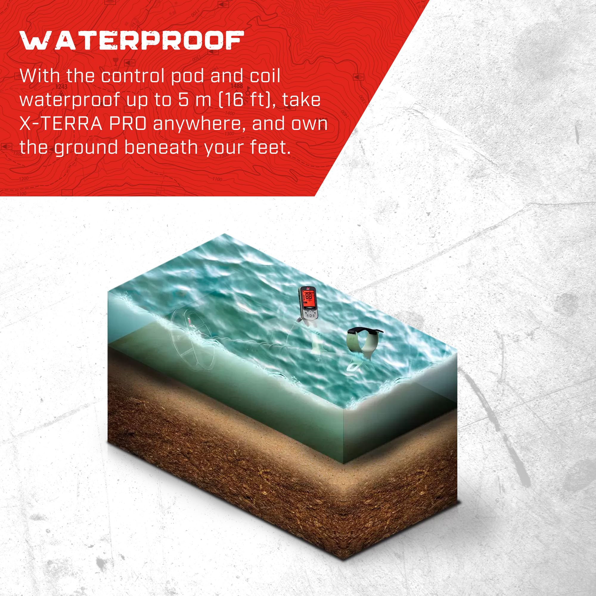 MINELAB X-Terra PRO detecting underwater demonstrating IP68 waterproof reliability