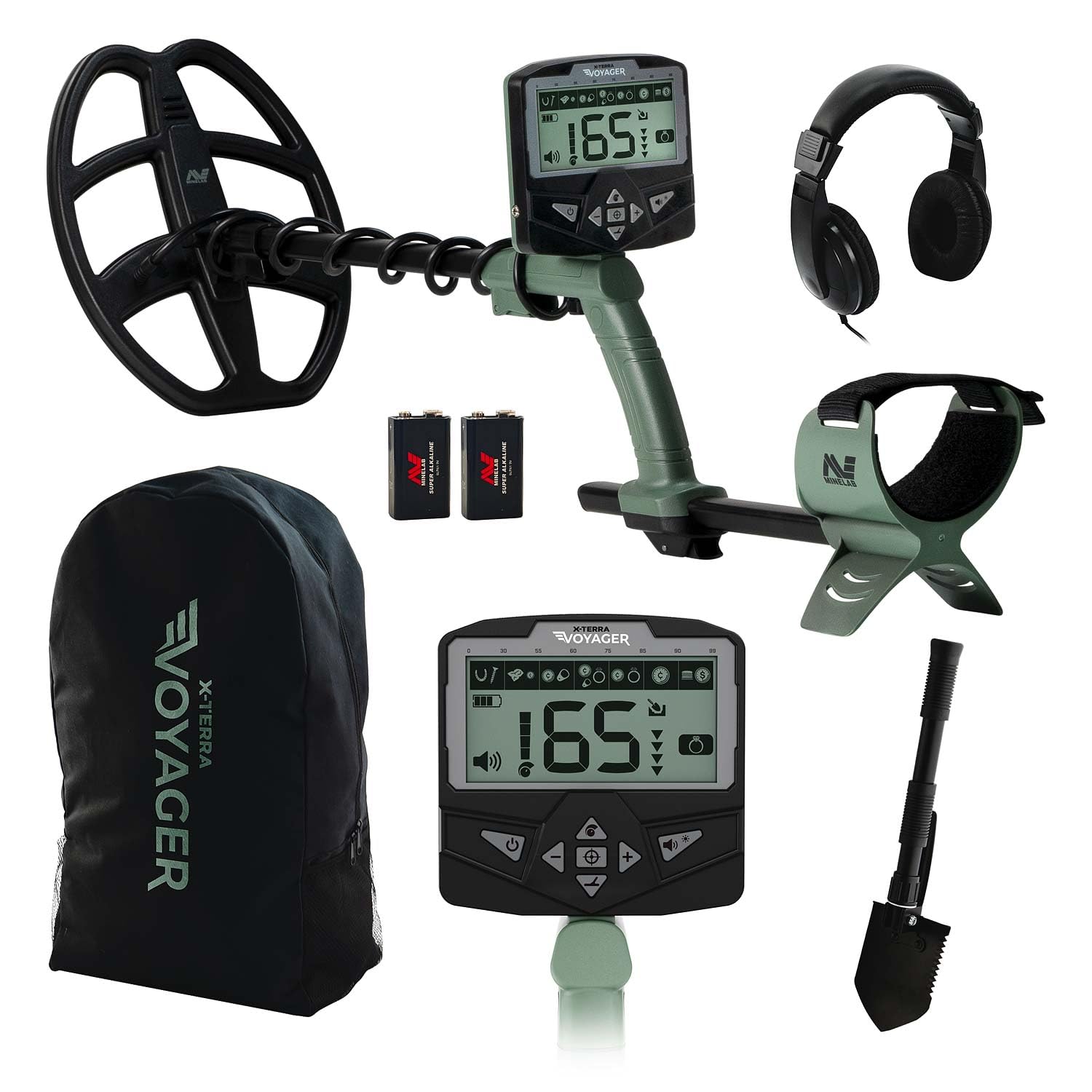 MINELAB X-Terra Voyager front view showing controls and ergonomic shaft for comfortable detecting