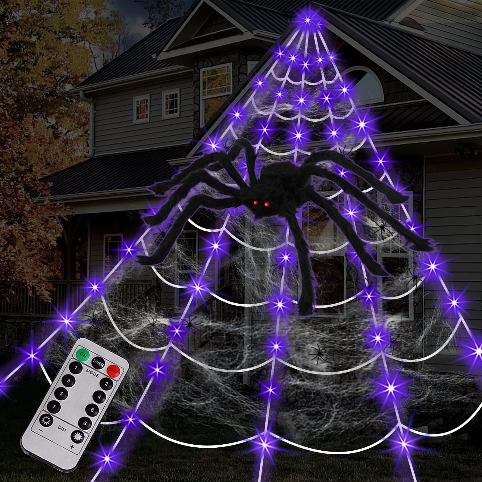 Minewish front view of the giant lighted spider web showing scale and curb appeal