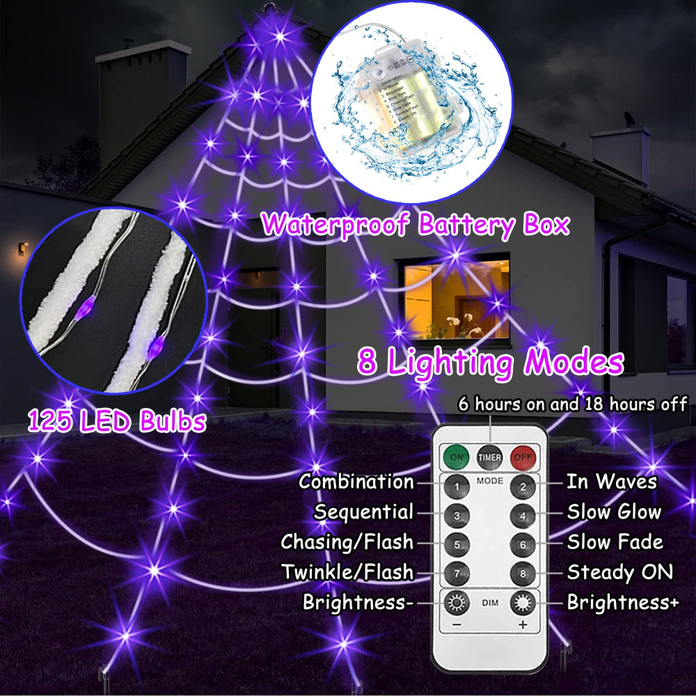Minewish purple LED close-up on web lights highlighting bright nighttime glow