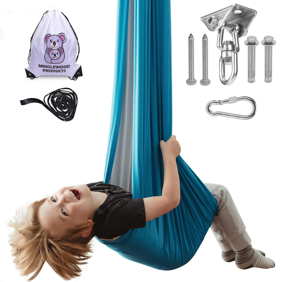 Minglewood front view of swing hung in room showing cozy calm benefit