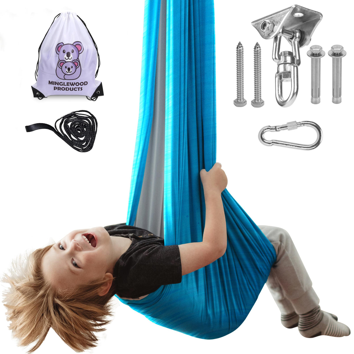 Minglewood front view of sensory swing packaging showing product and benefits