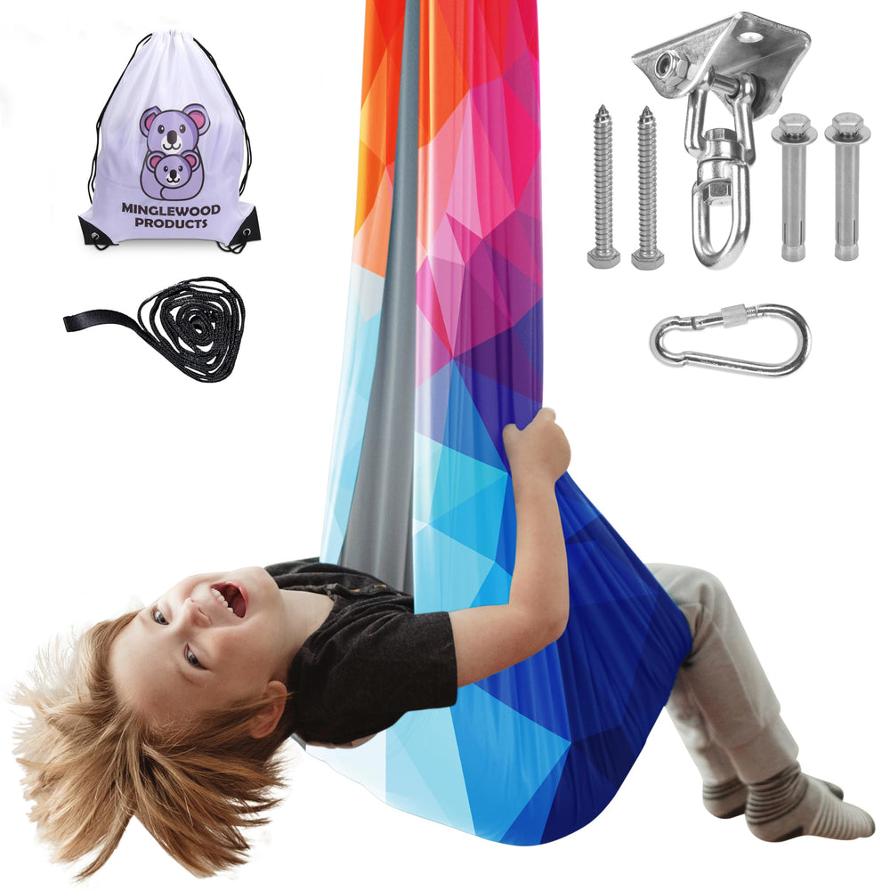 Minglewood Products front view showing hanging hammock and packaging benefit calming corner