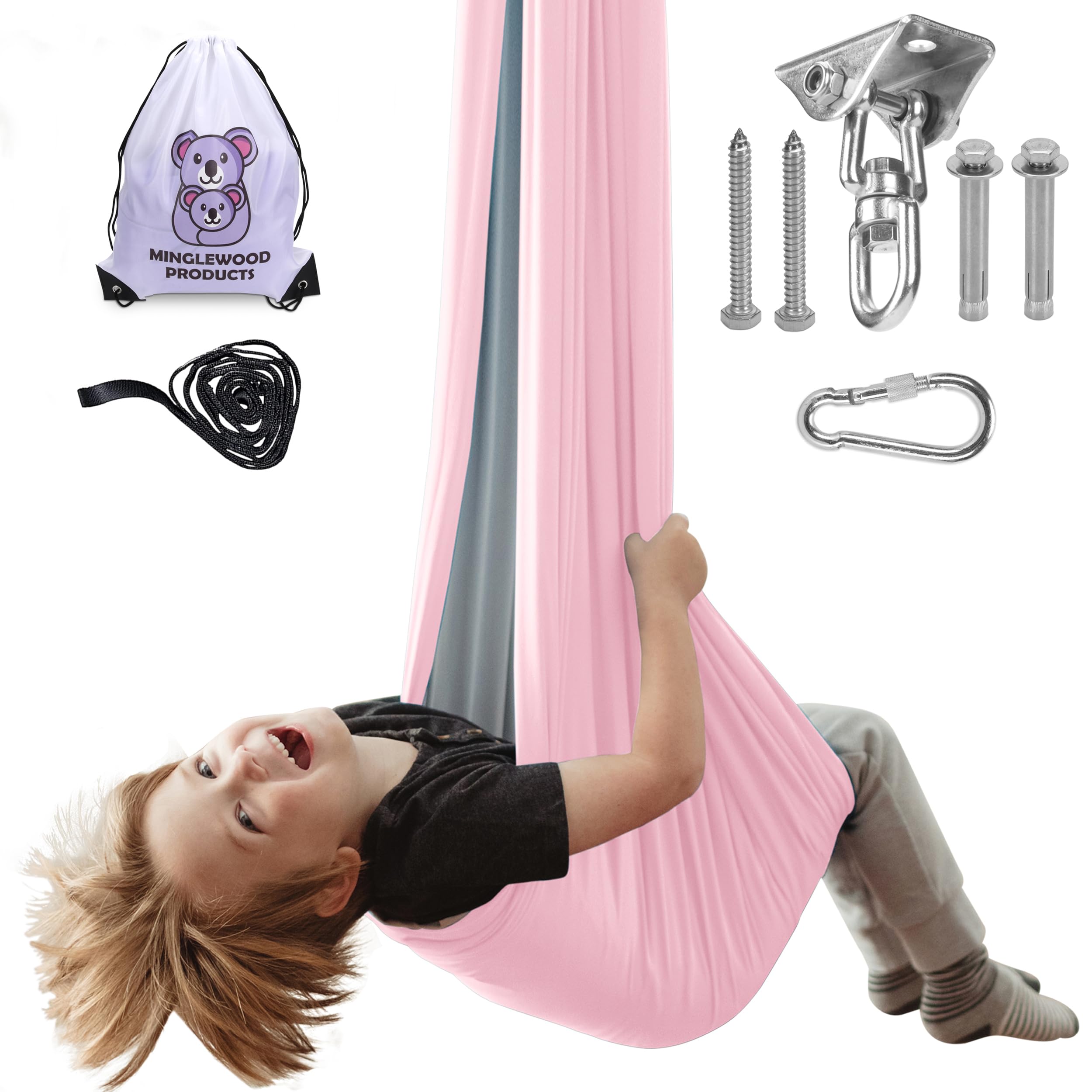 Minglewood front view of indoor sensory swing showing cozy hammock benefit
