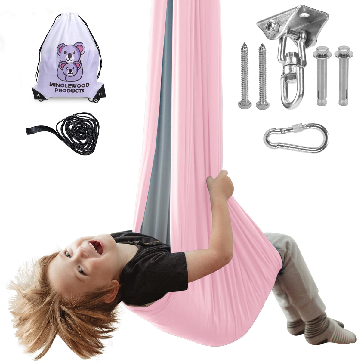 Minglewood front view of indoor sensory swing showing cozy hammock benefit