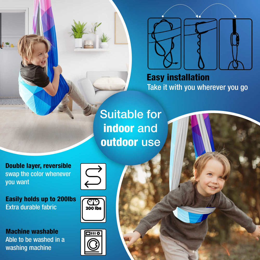 Minglewood Products swing in use with child reading showing soothing, focused space