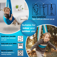 Minglewood child using swing reading book illustrating calm focused play