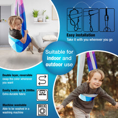 Minglewood Products swing in use with child reading showing soothing, focused space