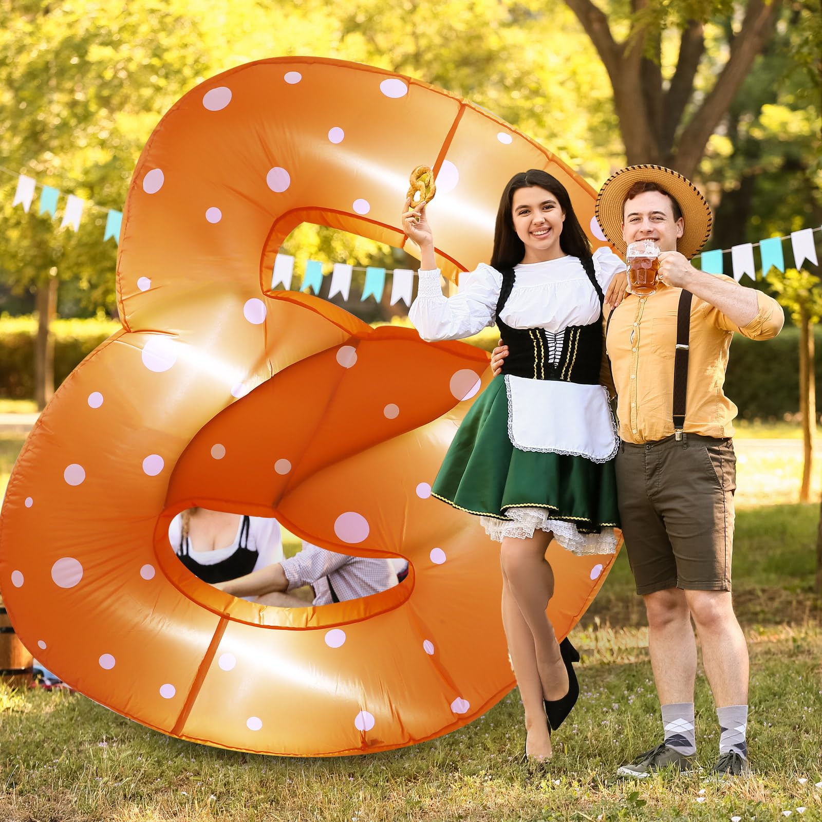 MiniInflat anchors, ropes and sandbags secured to pretzel for stable outdoor display