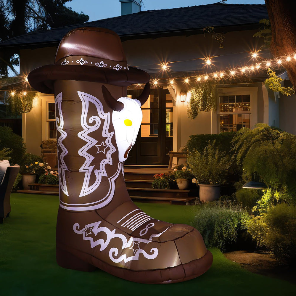 MiniInflat boot on lawn at party showing themed atmosphere and photo backdrop