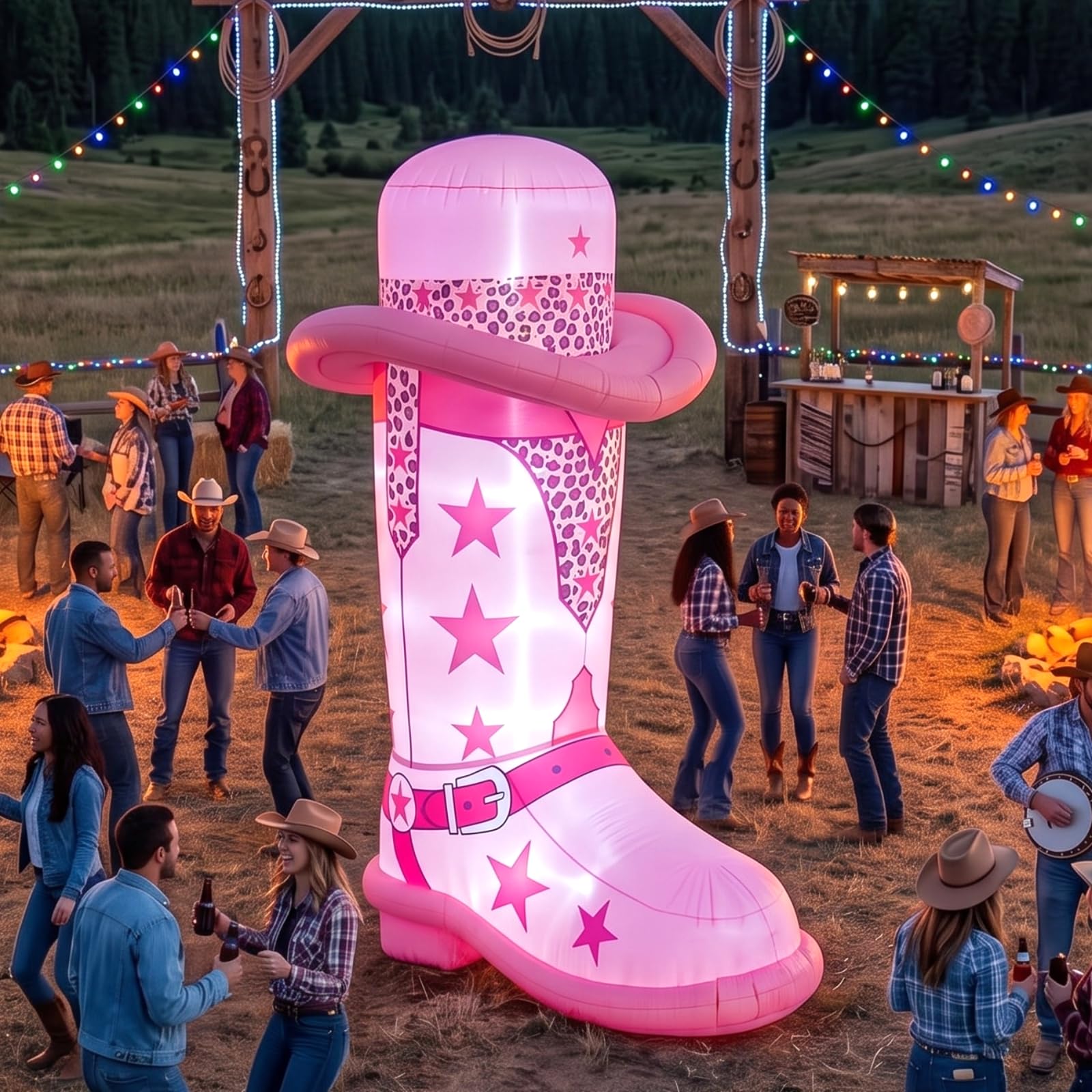 MiniInflat boot anchored with stakes and ropes for secure outdoor display