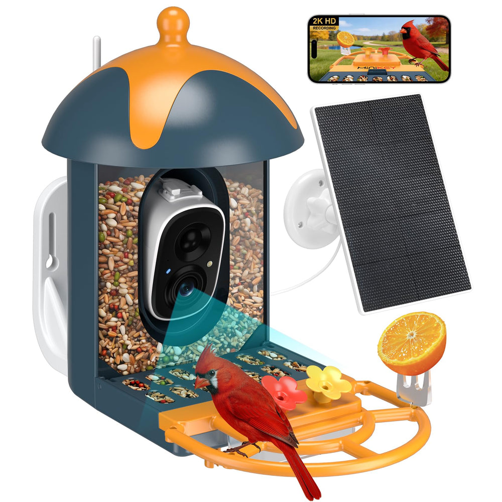 Minikey blue smart bird feeder front view showing camera and feeding tray benefit: clear 2K observation