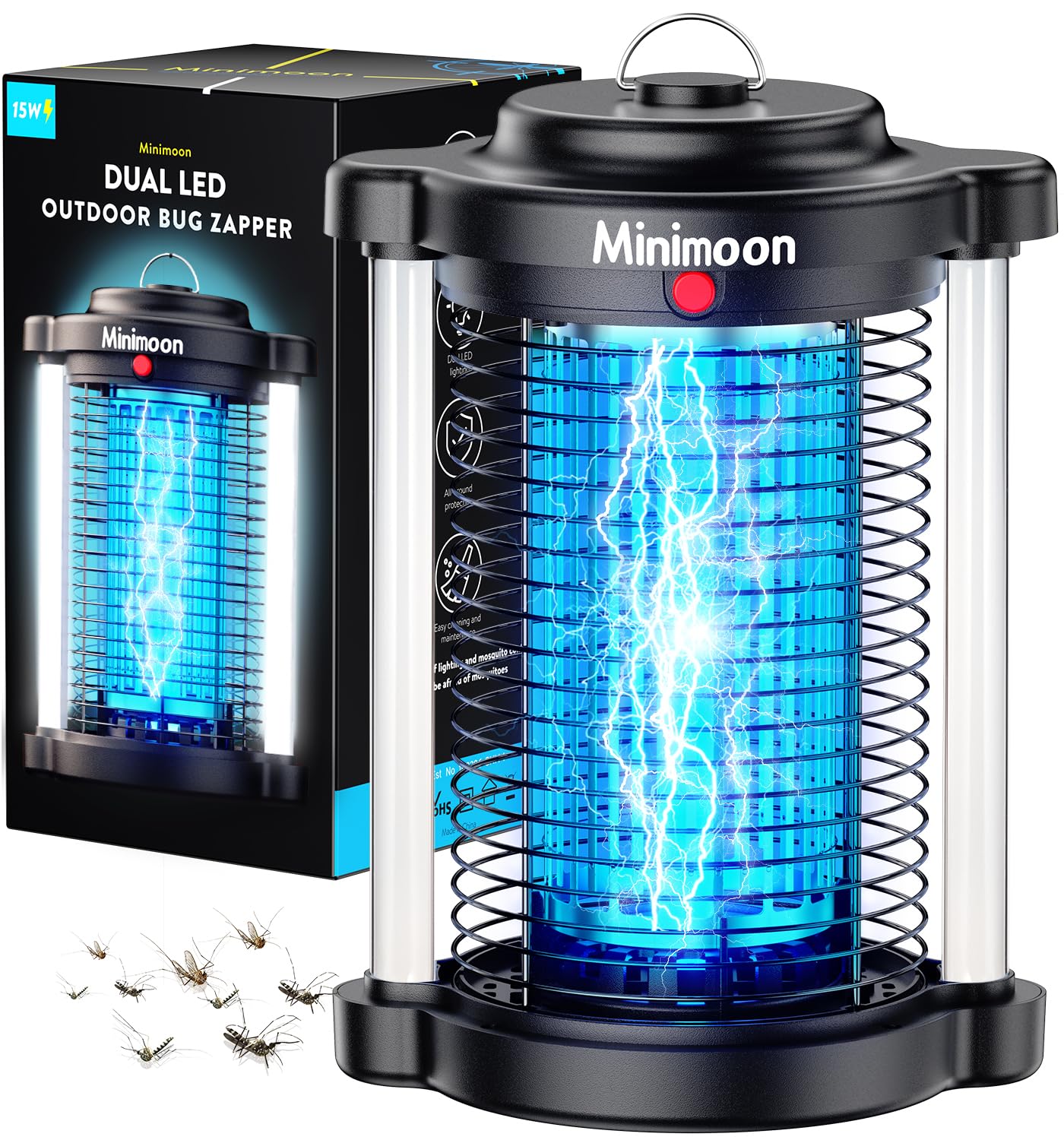 Minimoon front view showing bug zapper lit and protecting patio area