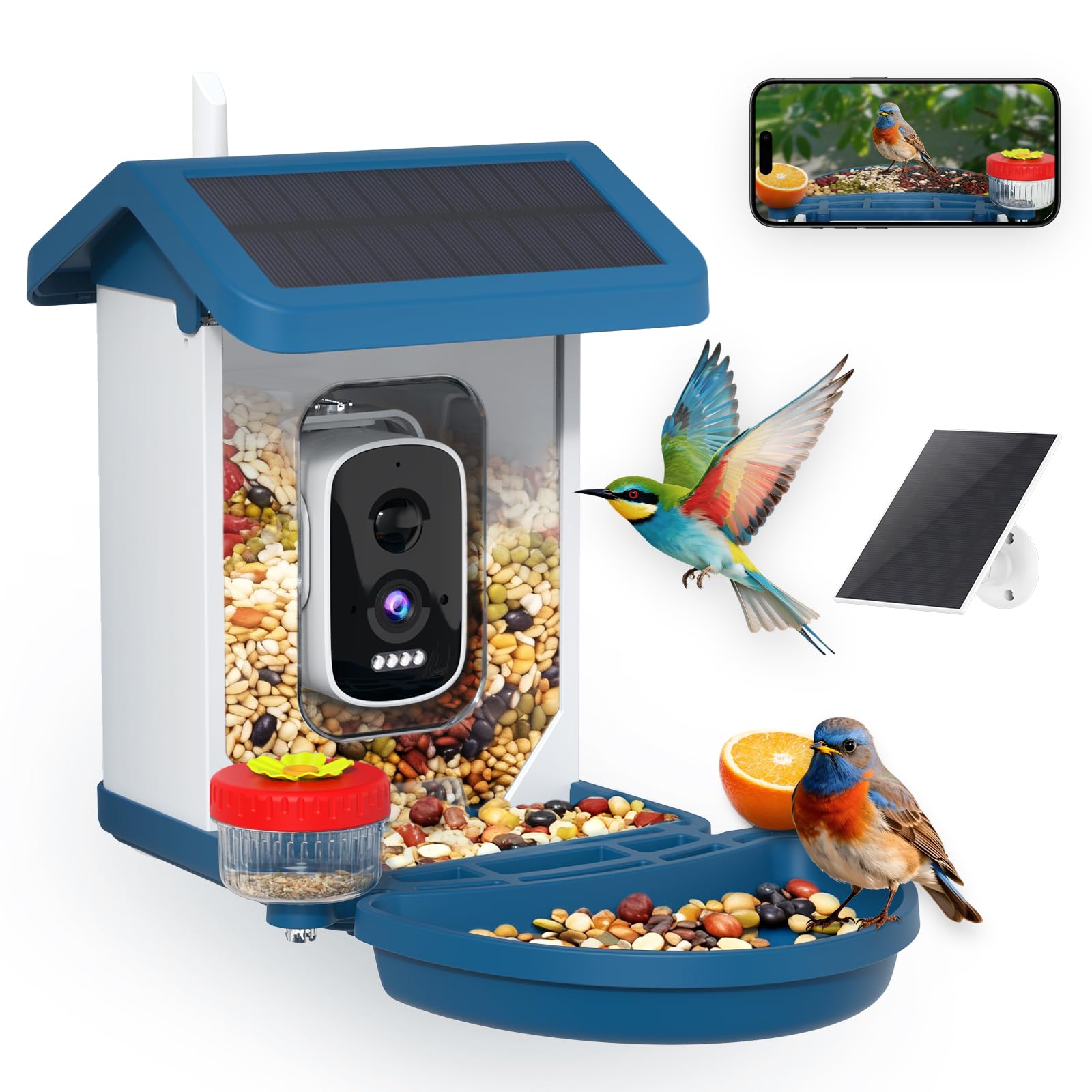 MINIXTEC front view of feeder showing camera and feeding port, clear bird observation