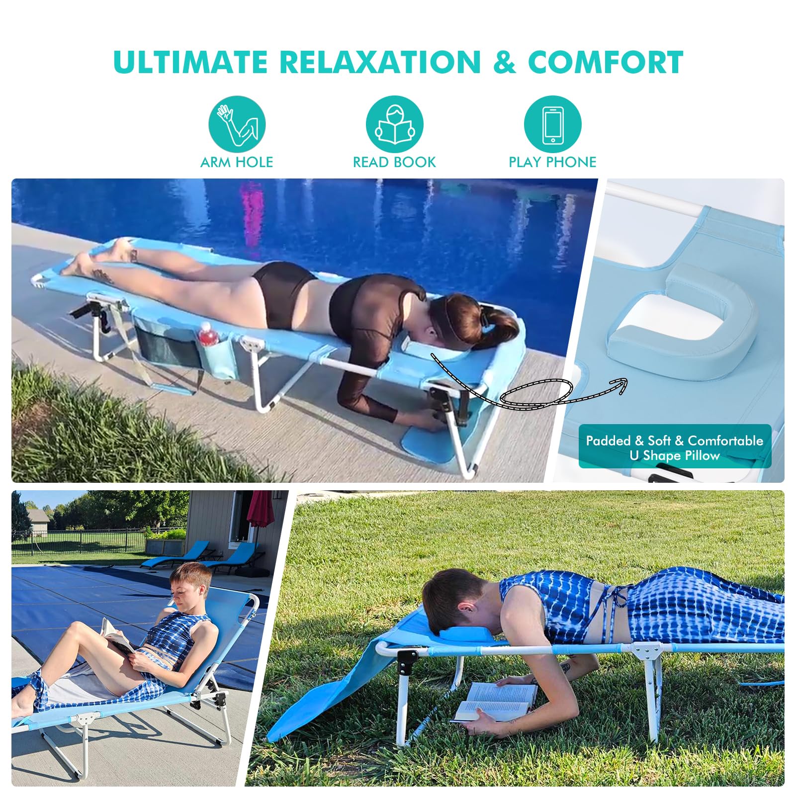 Minndudu padded face area and adjustable pillow for pressure-free lounging