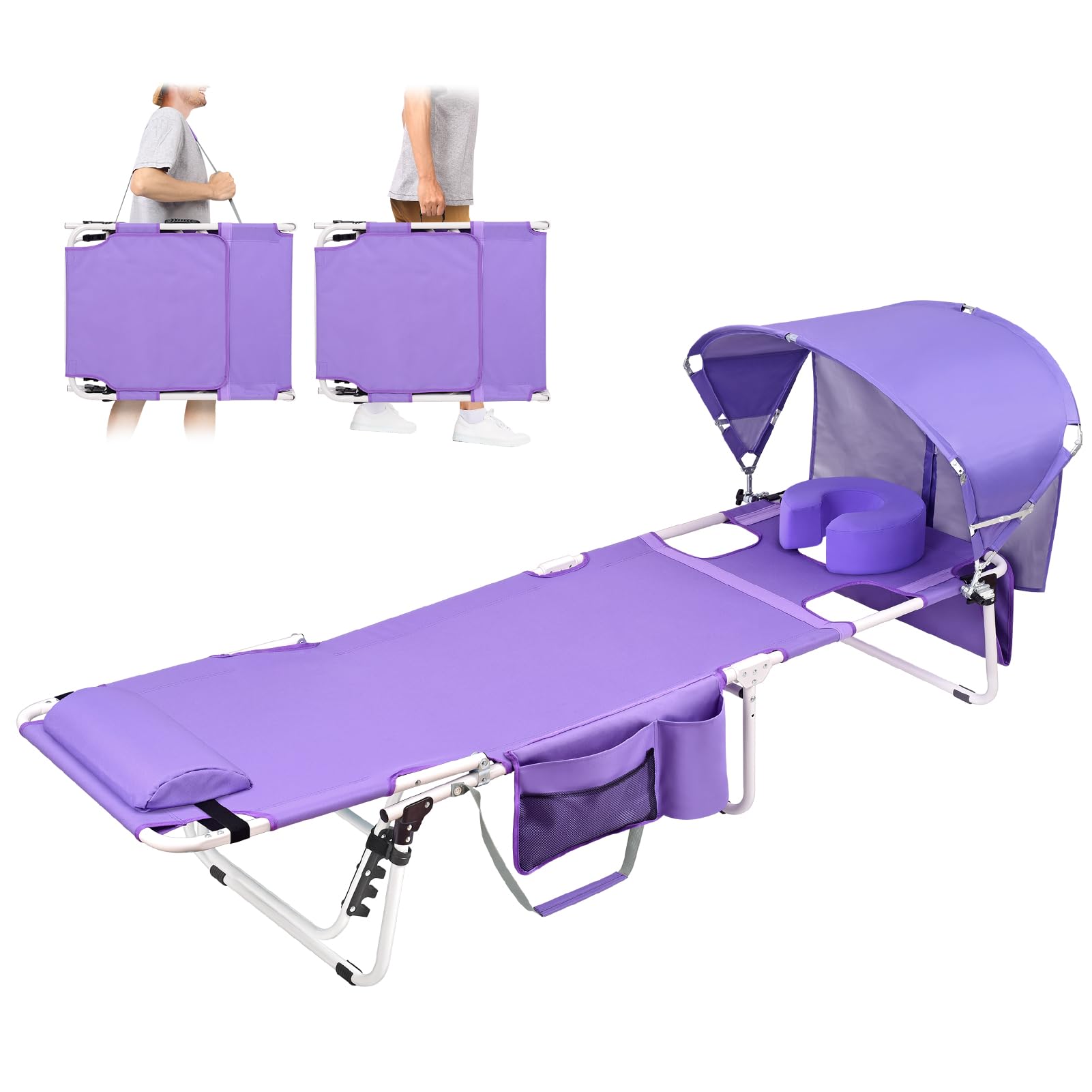 Minndudu front view of tanning chair showing canopy and reclining benefit