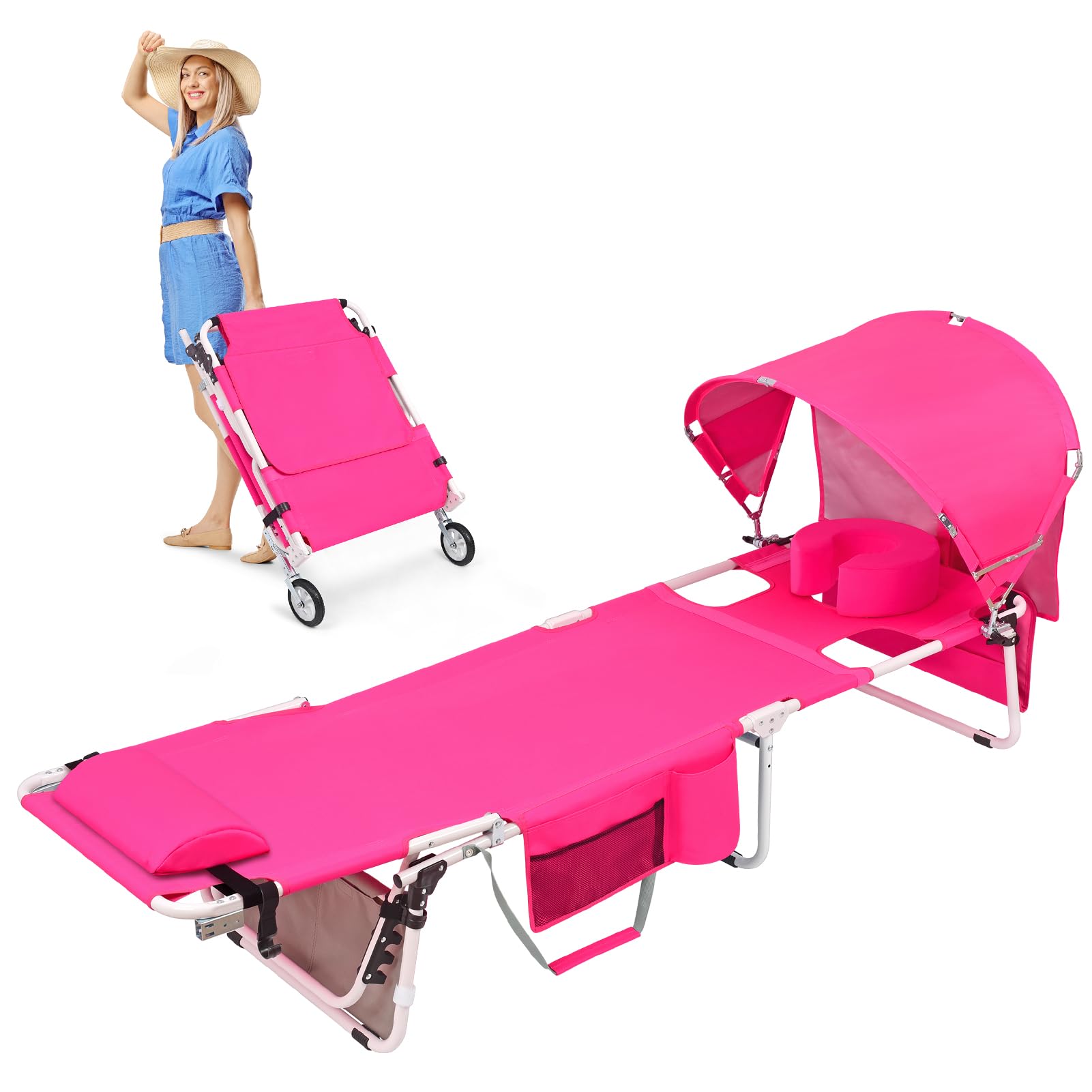 Minndudu front view showing open pink tanning chair and portability benefit