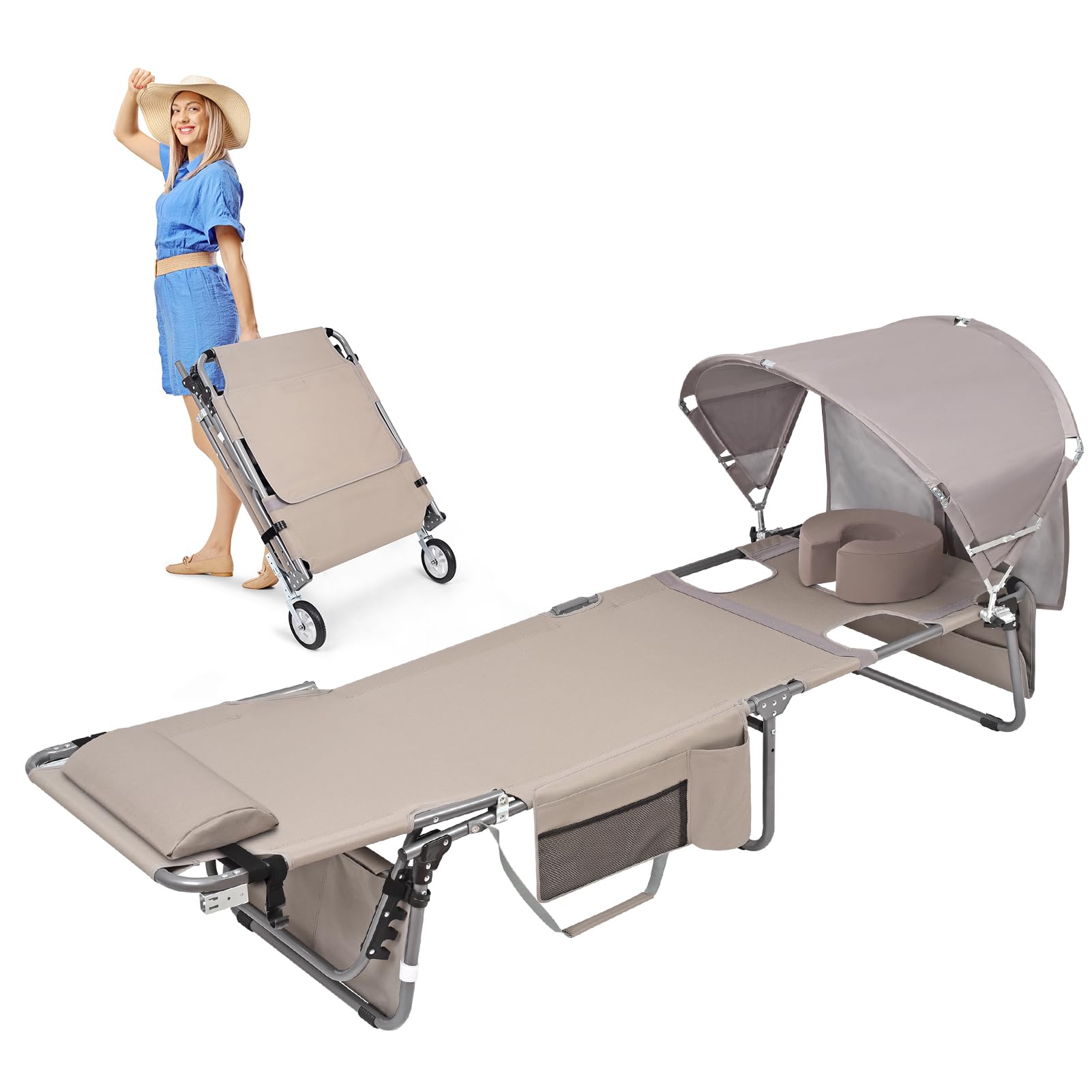 Minndudu front view unfolded showing full chair and canopy for comfortable tanning
