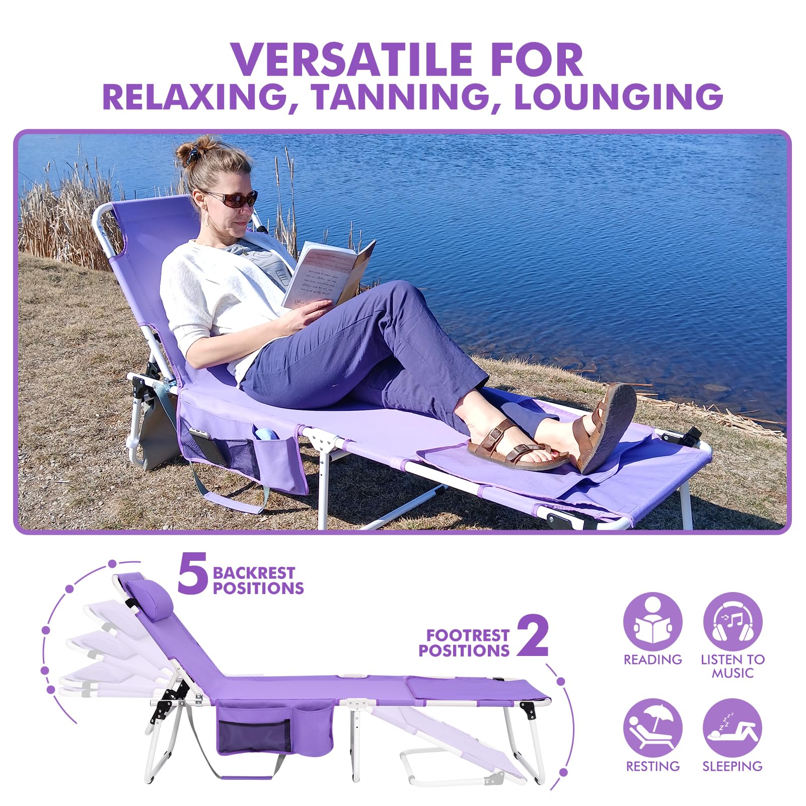 Minndudu tanning chair in use at beach demonstrating relaxed reading posture