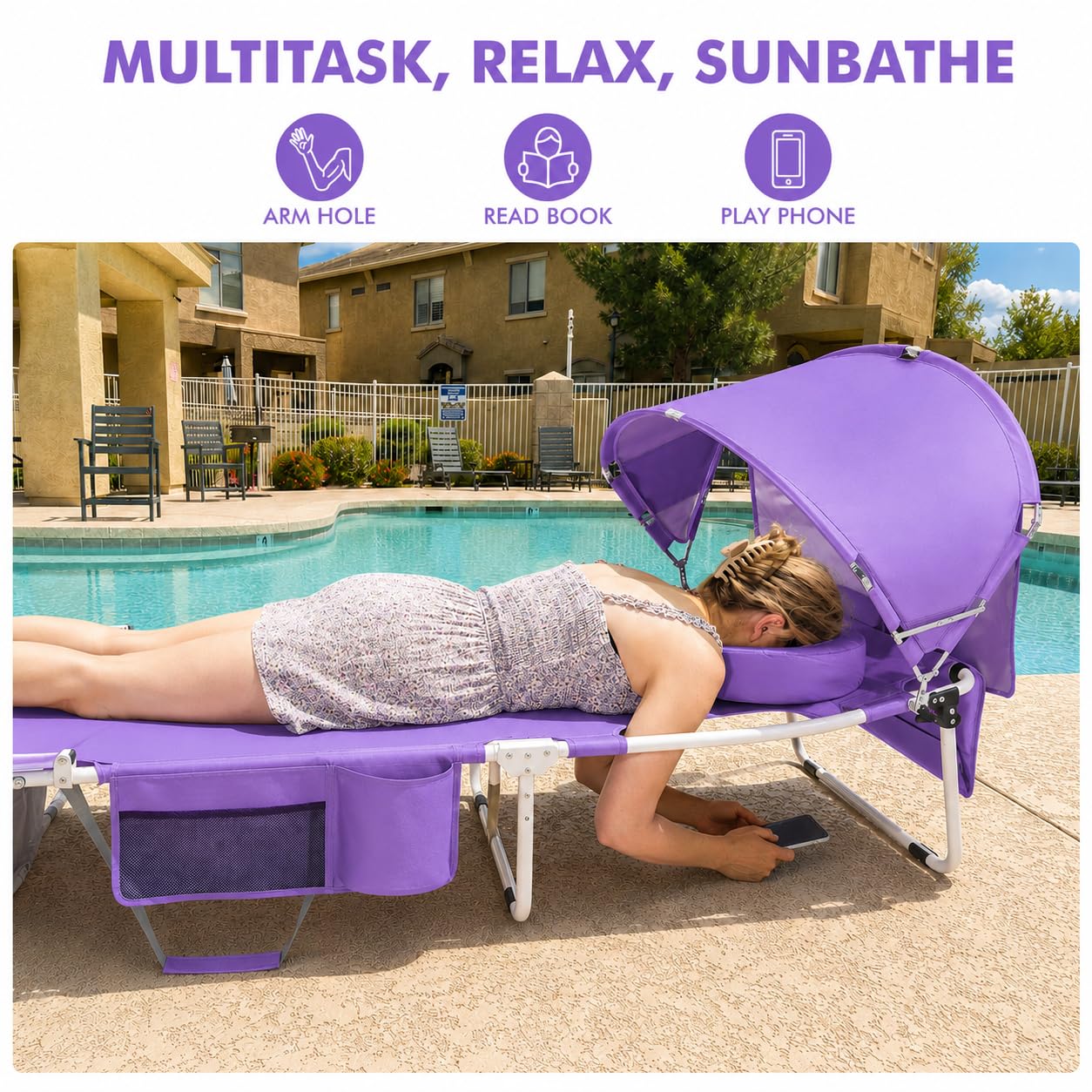 Minndudu side view with canopy open giving UPF 50+ shade and device use