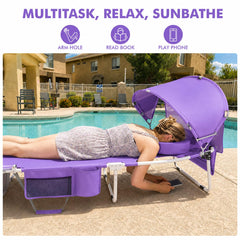 Minndudu side view with canopy open giving UPF 50+ shade and device use