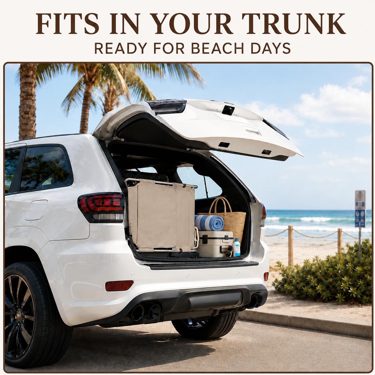 Minndudu folded size comparison in car trunk showing compact, portable storage