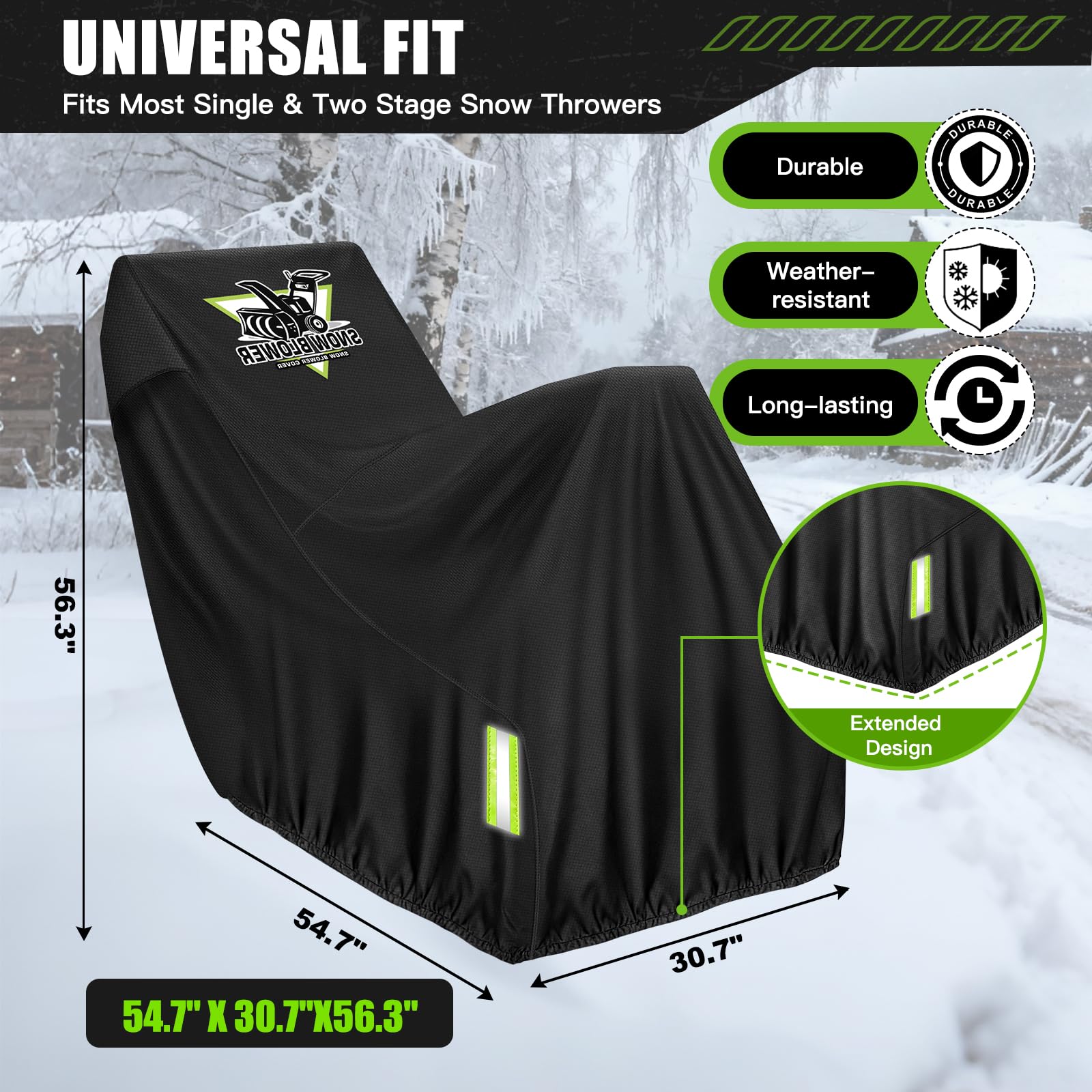 Mionovity cover size shown beside snow blower for fit assurance