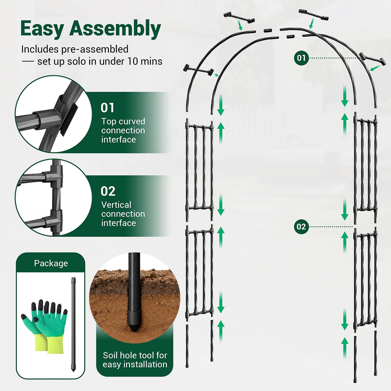 Miory arch assembly components arranged showing easy no-tool setup benefit