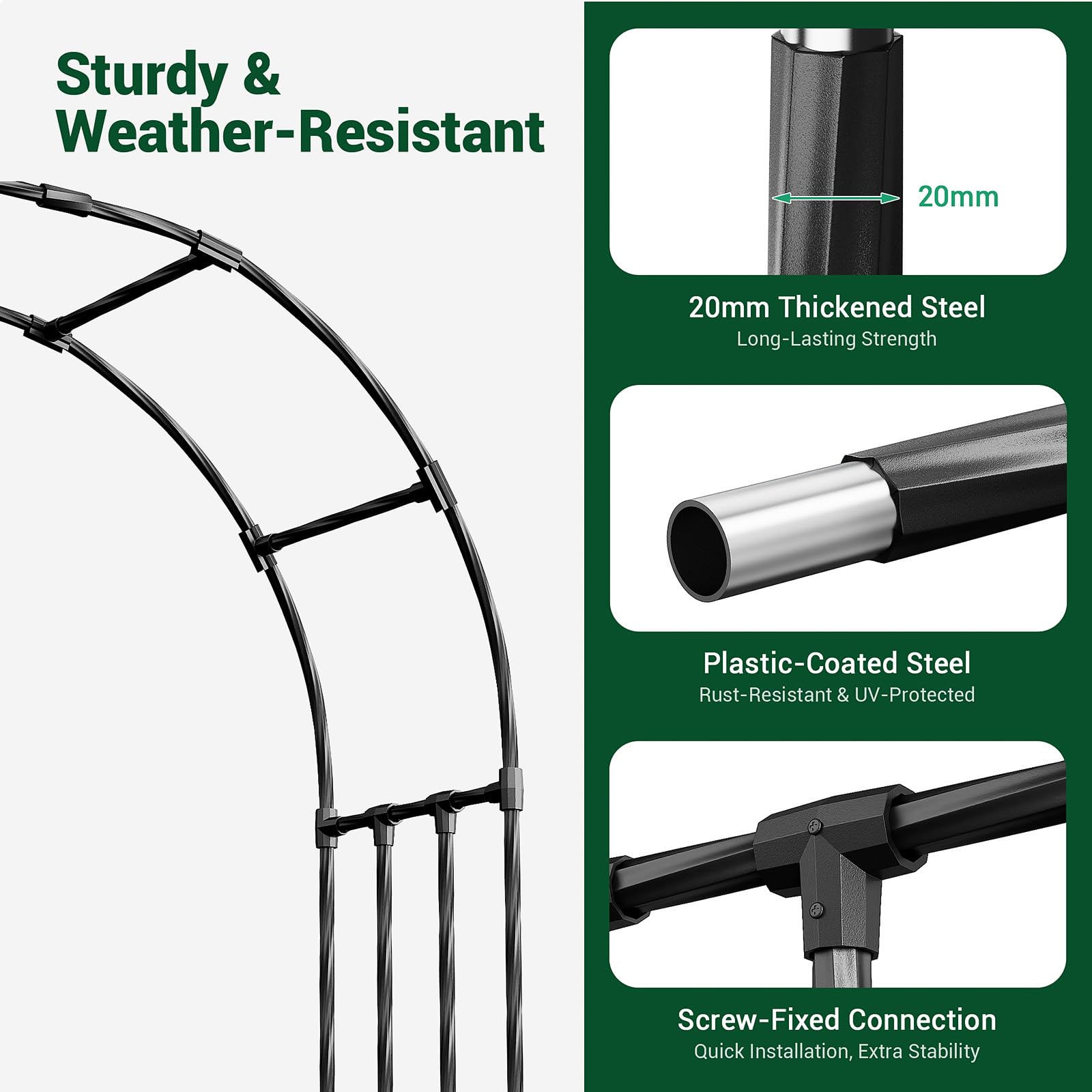 Miory arch base and connector detail showing secure assembly and durability