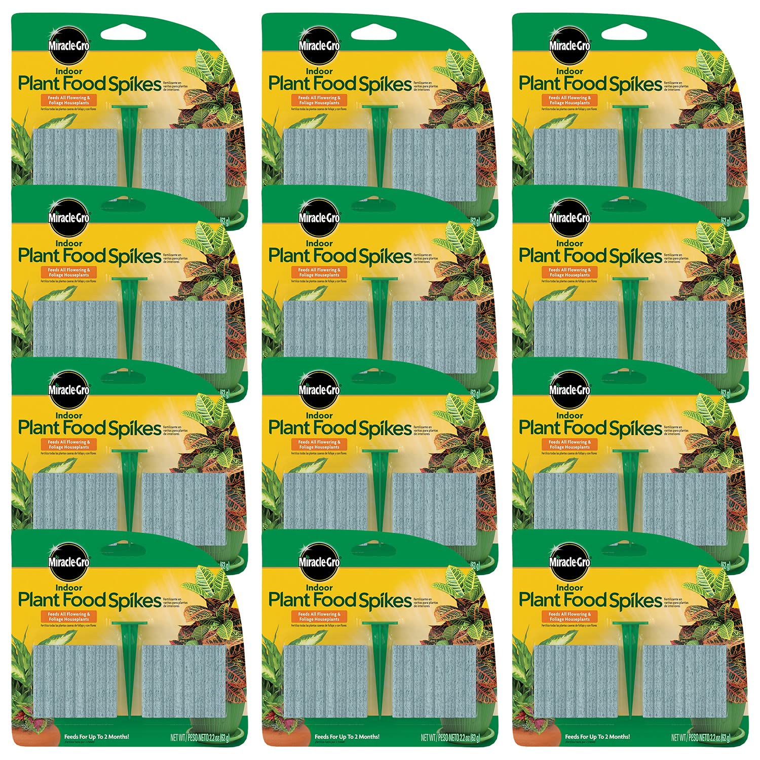 Miracle-Gro paquete frontal mostrando 12 paquetes y 48 espigas, conveniencia instantánea